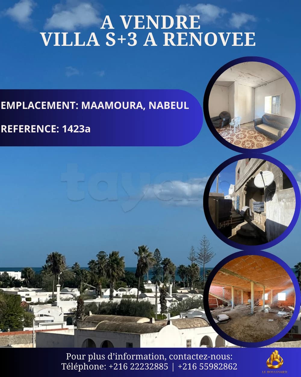 À Vendre Villa R+1  à Rénover à seulement 100 mètres de la plage à Maamoura, Nabeul 
