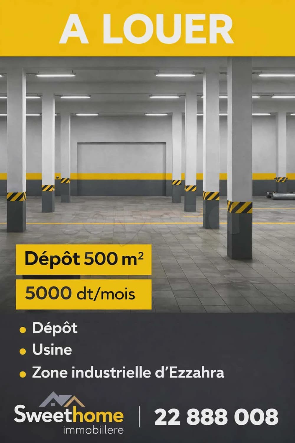 Dépôt en 500m² à louer à Ezzahra 