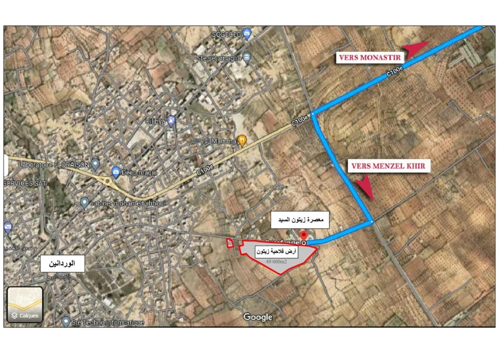 فرصة إقتناء أرض فلاحية فيها أشجار زيتون تبعد 200 م على المنطقة السكنية الوردانين-المنستير 