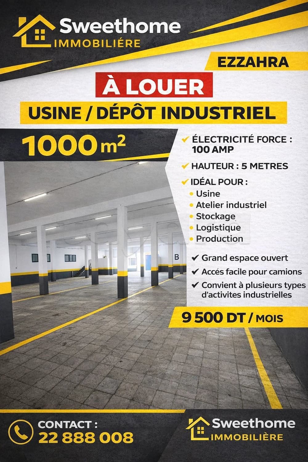Usine/dépôt industriel à louer à Ezzahra 