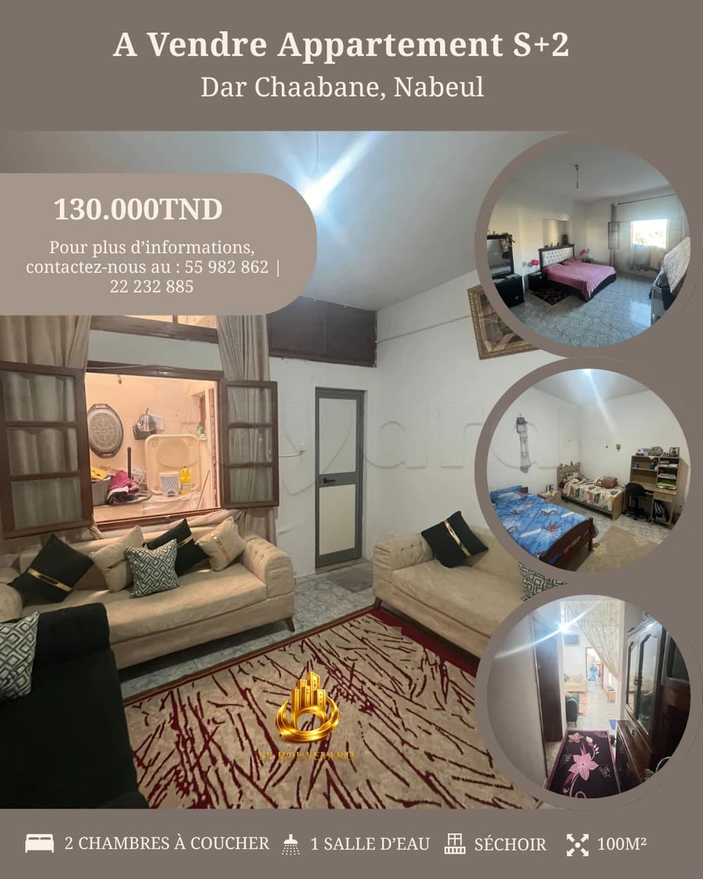À vendre : Appartement S+2 situé dans un immeuble R+2 à Dar Chaabane, Nabeul